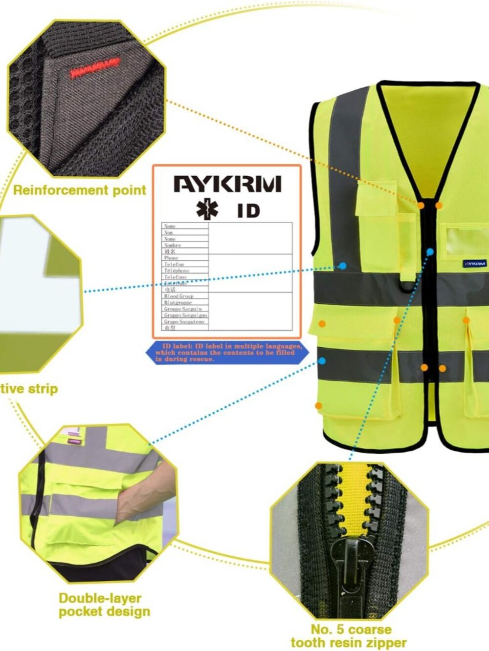 7pocket High Visibility Safety Vest Zipper, Construction Vest Reflective Strips - Picture 7 of 8